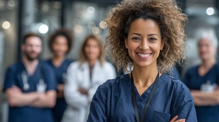 Confident Female Doctor Standing with Arms Crossed Leading Medical Team in Modern Hospital