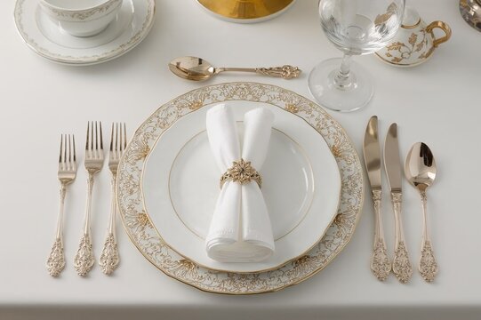 Elegant porcelain and silver cutlery arranged on a pristine white dining table