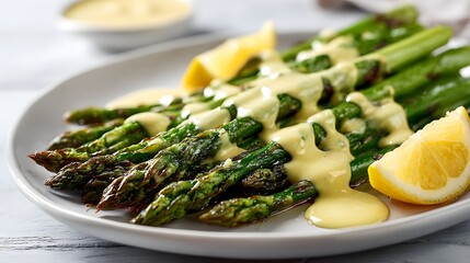 Roasted asparagus spears generously drizzled with a rich, golden-yellow sauce, accented by a vibrant lemon wedge, presented on a light-gray plate.