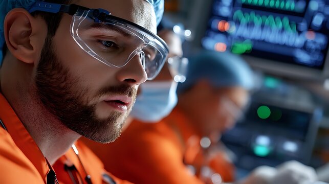 Caucasian male scientist in protective eyewear and orange uniform monitoring data in modern laboratory with digital screens showing analysis results in background.
