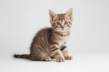 Feline with striped fur against a pale backdrop