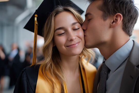 Young caucasian couple celebrating graduation with kiss - Powered by Adobe