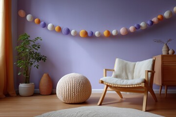 Cozy modern living room with wooden armchair and colorful string lights