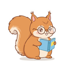 A cartoon squirrel wearing glasses reads a blue book