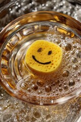 Smiley yellow sponge floating in soapy water with bubbles