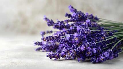Fototapeta premium A vibrant bouquet of purple lavender blossoms rests gently on a light gray surface, exuding a calming and peaceful ambiance.