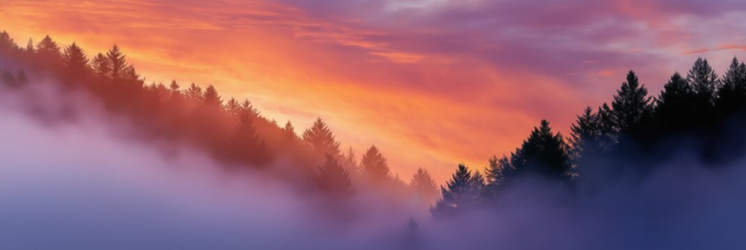 Misty pine forest at vibrant sunset with dramatic sky and silhouetted trees - Powered by Adobe