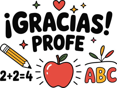 Expressing gratitude to a teacher with a colorful illustration of school symbols and the word 'Thank You'