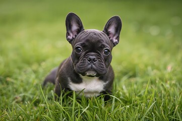 Fototapeta premium Adorable small bulldog sitting on lush green lawn, close-up of face with expressive eyes