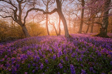 A stunning wild bluebell woodland in spring with purple and pink blossoms beneath trees at dawn.
