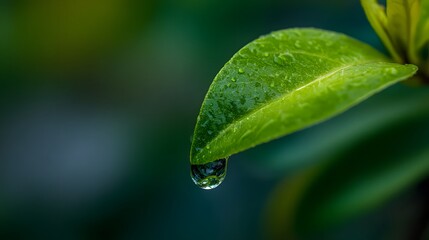 A close-up view of a vibrant green leaf, glistening with water droplets, showcasing a single, clear drop hanging from the leaf's edge.