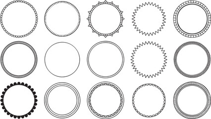 A comprehensive collection of hand-drawn vector circle frames and decorative rings, featuring various textures and styles for badges, labels, and artistic borders