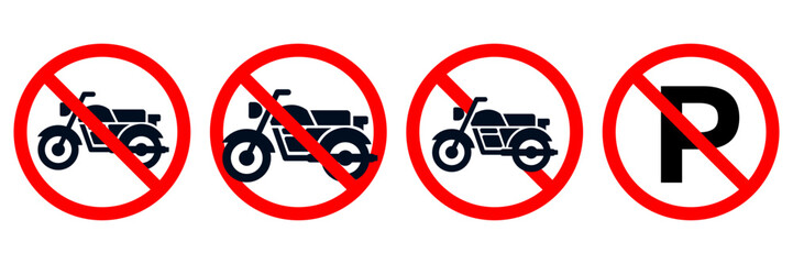 No parking vector signs set. Don't park here icon. No motorcycle sign. Parking prohibited symbol. No motorcycle allowed sign red circle line vector isolated illustration.