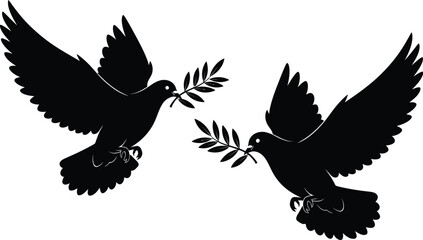 Obraz premium Two doves in silhouette carrying olive branches, symbolizing peace and hope in flight.