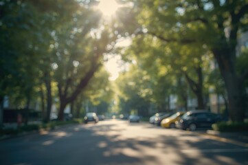 Fototapeta premium Soft-Focused Urban Parking Area Enveloped by Vibrant Greenery Under Gentle Afternoon Sunlight with Rays Piercing Through Leaves. Hazy Backdrop for Creative Use