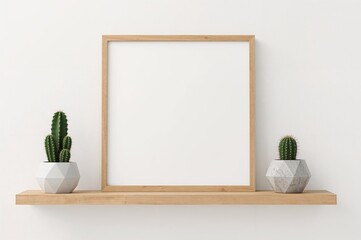 Square wooden frame display featuring cactus plants and a contemporary geometric vase on a wooden shelf with a white background and ample copy space.