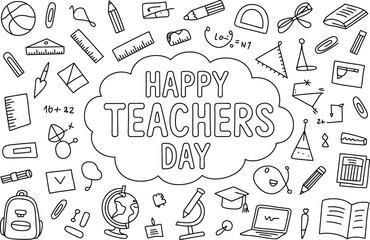 Joyful celebration of Happy Teachers Day with hand-drawn school supplies and symbols