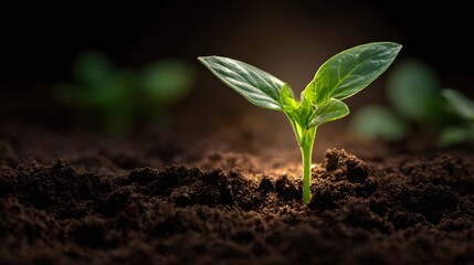 A vibrant seedling emerges from the dark earth, illuminated by a soft light, showcasing the promise of new growth.