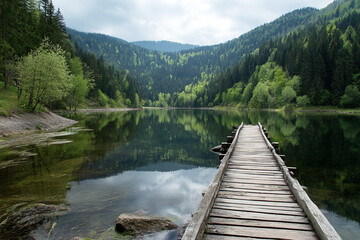 Fototapeta premium Scenic Carpathian Mountain Lake Surrounded by Green Forest with Clear Water Reflecting Sky and Clouds.