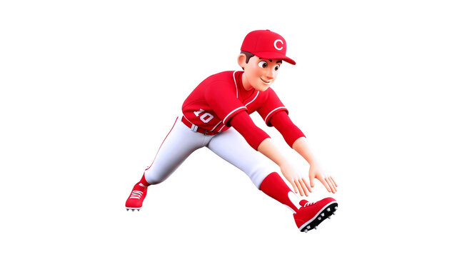 young baseball player performing a toe-touch stretch while warming up in a red uniform before a game.