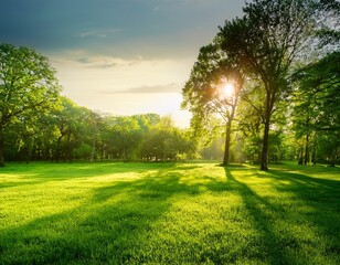 Fototapeta premium lush green park with trees and grass illuminated by the sun creating a peaceful scene