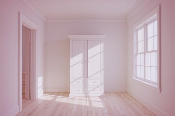 Bright room featuring a simple white wardrobe and shelving unit beside a window