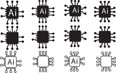 Circuit board of computer or Ai chip icon vector silhouette set 