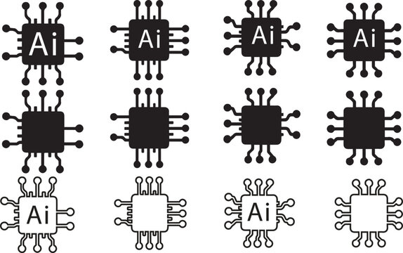 Circuit board of computer or Ai chip icon vector silhouette set 