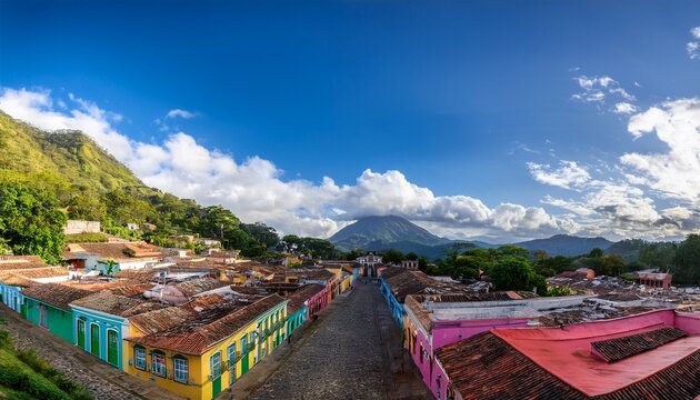 vibrant colorful buildings and cobblestone streets of suchitoto el salvador s colonial town surrounded by lush tropical greenery and majestic volcanic landscapes