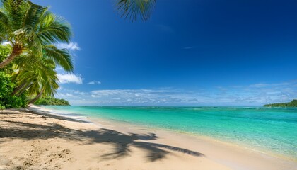 Fototapeta premium calm turquoise water meets golden sand under tall palms in a serene tropical paradise