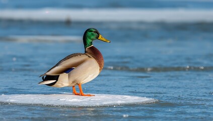 Female Mallard depicted in profile during springtime on sunny ice