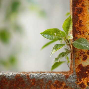 Fototapeta Green plant sprouting from rusty metal with textured surface, symbolizing nature’s resilience and growth amidst industrial decay, ideal as wallpaper or poster for themes of hope and renewal.