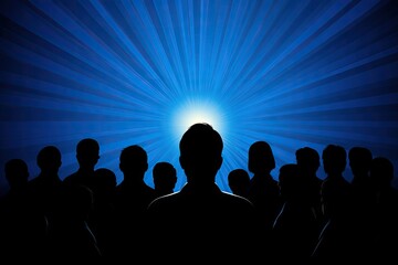 Fototapeta premium Silhouetted figures of a crowd facing a bright, radiant light emanating from behind a central figure, set against a dynamic blue ray background