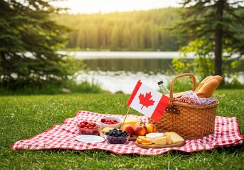 Canadian picnic basket with flag on blanket by the lake  