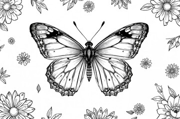 Obraz premium Black and white line drawing poster featuring a butterfly