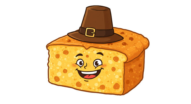 Cartoon cornbread thanksgiving pilgrim hat holiday food cute face delicious bakery festive season on transparent background