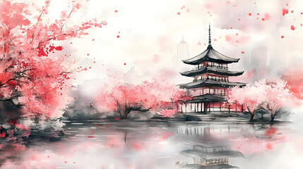 Fototapeta premium Watercolor painting of a traditional japanese pagoda surrounded by cherry blossoms
