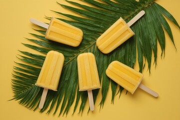 Tropical mango popsicles placed on a vibrant green palm leaf against a bright yellow backdrop. Simple flat lay from above.