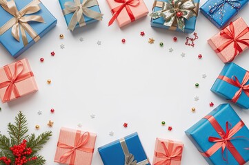 Obraz premium Numerous holiday presents arranged on a white surface, top-down view