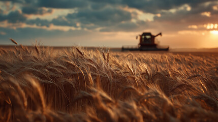 Obraz premium Wheat field during sunset with combine harvester in background 