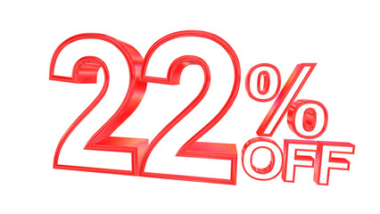 3d 22 percent off text with solid white and red metal outline effects isolated on a transparent background. 3d elements for graphic design.