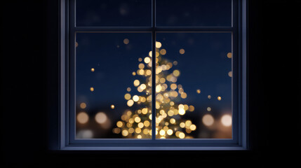Festive Christmas tree with bokeh light seen through window pane at night. cozy and peaceful winter holiday scene with falling snow creating magical mood