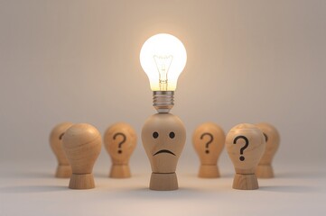 Wooden figures with question marks and a light bulb symbolizing innovative ideas