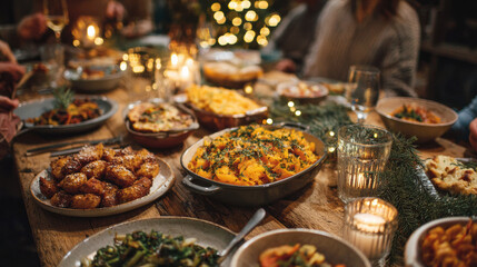 Cozy Friendsmas potluck dinner on table with various homemade food for holiday celebration. Friends gather for warm, festive evening of togetherness and eating