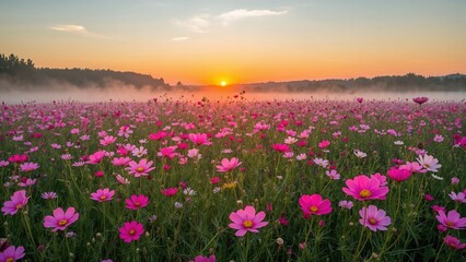 Naklejka premium Dawn over a meadow of vibrant Cosmos blossoms with a glowing sunset sky