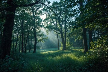 Naklejka premium Enchanting woodland scene amidst the grassy field