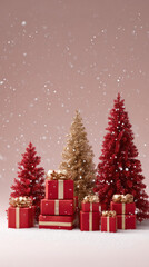 Obraz premium Joyful, festive holiday scene with red and gold Christmas tree, sparkling gift, and present boxes under winter snowfall. Magical atmosphere for merry celebration