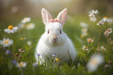 Small amusing white bunny on green grass