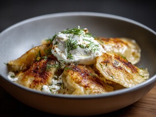 Naklejka premium Delicious Pierogi Dumplings with Sour Cream and Dill, Close-Up.