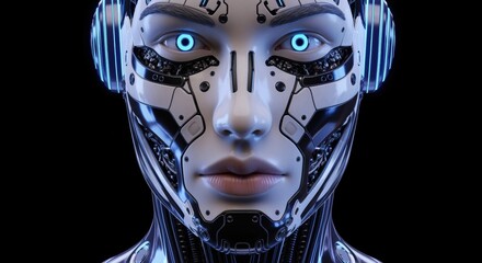 AI Robot Face with Luminous Blue Eyes and Headphones